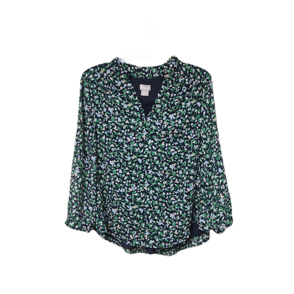 Chico's Green Print V Neck Top With Button Cuffs and Rounded Hemline Size Medium